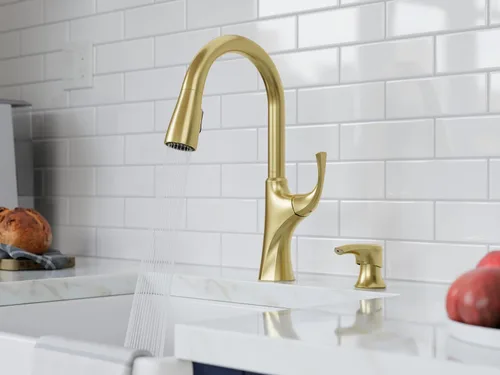 Miniatura 6 de Pfister Miri 2.0 Llave de cocina con rociador extraíble y dispensador de jabón, de un solo mango, arco alto, certificada por NSF, acabado en oro Oro