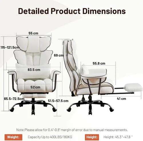 Miniatura 2 de Furniliving Silla de Oficina Grande y Alta 400lbs, Silla de Escritorio Ejecutiva de Oficina Asiento Ancho, Reclinable Ajustable, Soporte Lumbar