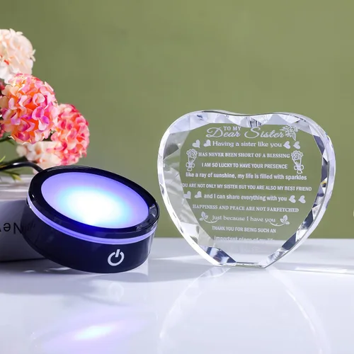 Miniatura 3 de YWHL Regalos de cumpleaños para hermanas con base LED colorida de corazón de cristal para mi hermana, regalo significativo para hermanas en Navidad