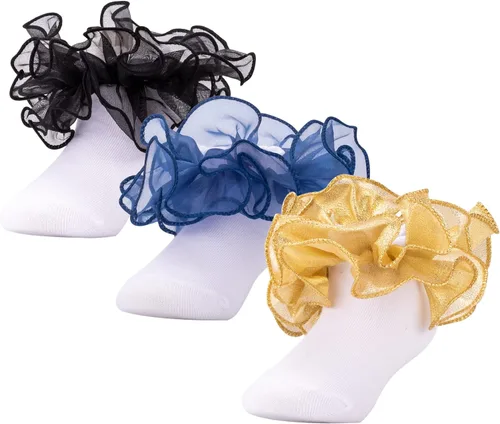 Miniatura 7 de Dicry Calcetines de encaje doble para niñas pequeñas con puños ondulados y volantes grandes para bebés y niños
