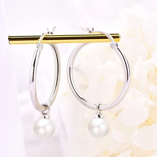 Miniatura 2 de JO WISDOM Pendientes de aro de plata de ley 925 con perlas simuladas de Danlge (blanconegro)