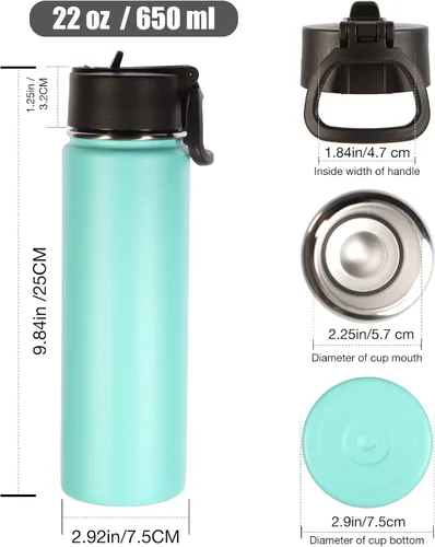 Miniatura 2 de Botellas de agua aisladas Volhoply con pajilla a granel, paquete de 8, de 22 onzas (650 ml), botella deportiva de acero inoxidable con asa y tapa