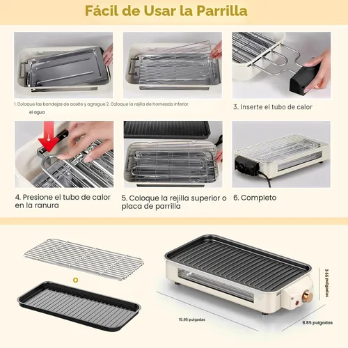 Miniatura 9 de YOHAWJAN - Parrilla eléctrica para interiores de 1500 W, 2 en 1, sin humo, con parrilla extraíble antiadherente y placa de plancha, control