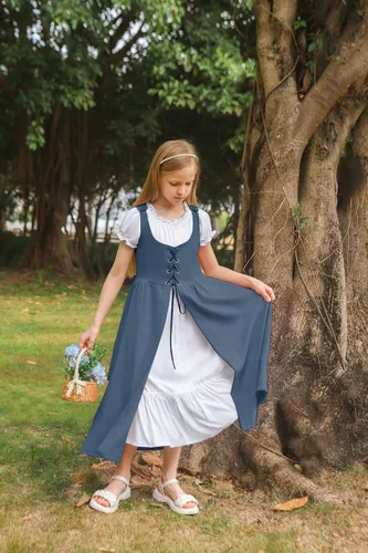 Miniatura 22 de Scarlet Darkness Vestido renacentista para niñas, disfraz de princesa medieval de dos piezas, 7-14 años