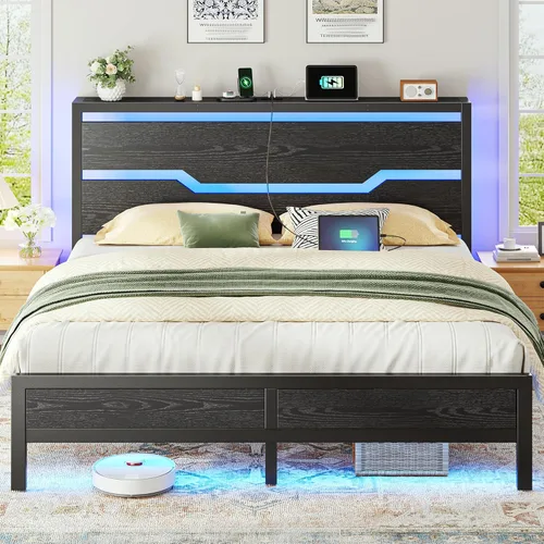 Homkdom - Estructura de cama tamaño matrimonial con luces LED y estación de carga, estructura de cama completa con cabecero de almacenamiento, 13"