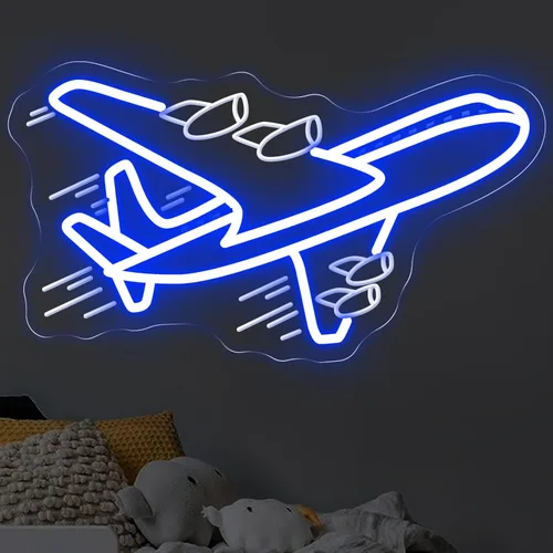 Airplane Neon Sign, Airplane Wall Decor, Air plane Wall Art, Aviation Light Sign, Gift for Kid, Air Plane Wall Decor for Home Bar, 16.5"x9.3", Blue