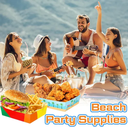 Miniatura 6 de Teling Paquete de 36 suministros para fiestas en la playa grandes de 5 libras, bandejas de platos de piscina de playa, cuencos de papel, botes