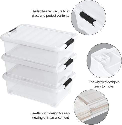 Miniatura 4 de Paquete de 3 cajas de almacenamiento transparentes de 20 cuartos de galón con ruedas, contenedores de plástico debajo de la cama con tapas