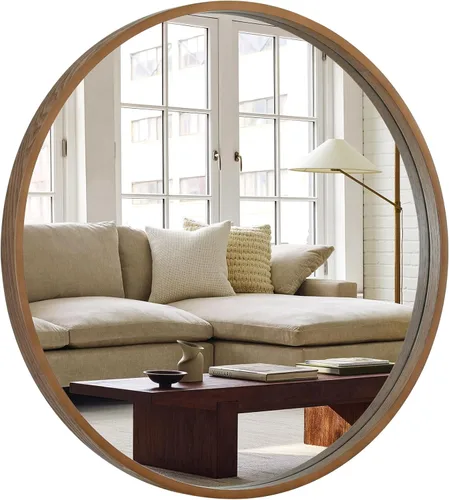 Miniatura 23 de WallBeyond Espejo redondo de madera con marco de madera, espejo de pared circular de 24 pulgadas para baño, espejo de pared redondo para decoración