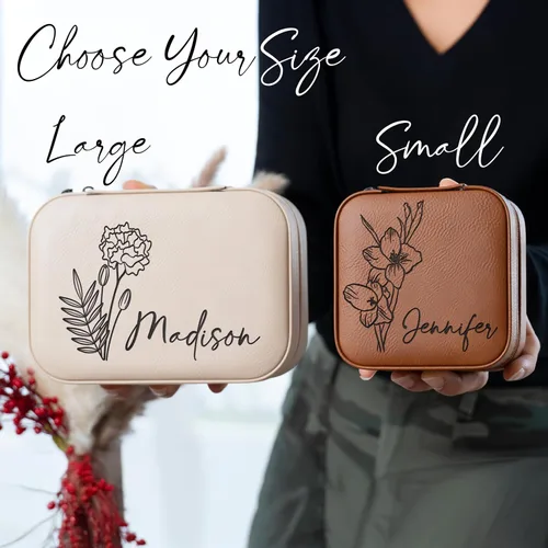 Miniatura 10 de Joyero de cuero personalizado con nombre y mes de la flor de nacimiento, regalos de cumpleaños para mujeres, estuche de viaje de joyería Negro