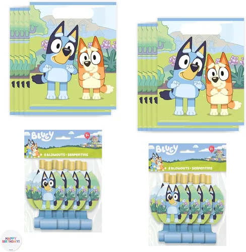 Suministros Únicos de Fiesta Bluey - Bolsas de Regalo Bluey Rellenos - Paquete con 16 Bolsas de Regalo, 16 Globos, Adhesivo - Decoraciones de Fiesta