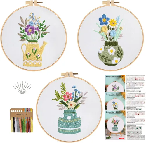 Miniatura 15 de Kit de bordado para principiantes, kits de punto de cruz para adultos, manualidades, 3 piezas, patrón de bordado, hilo de bordado de tela y agujas