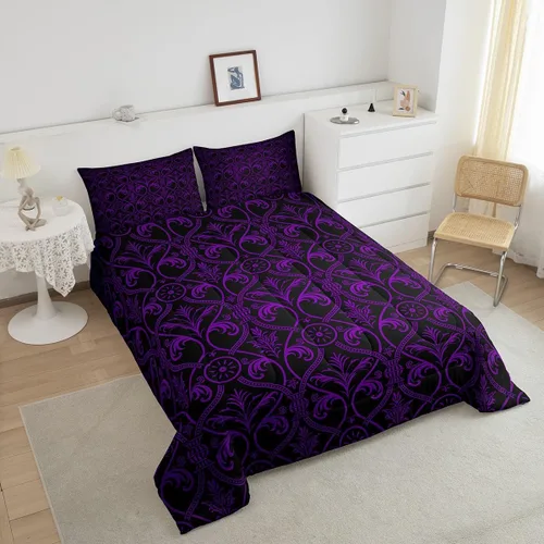 Miniatura 4 de Erosebridal Juego de edredón floral de color morado y negro degradado para niñas y mujeres, tamaño Queen, juego de ropa de cama gótico barroco