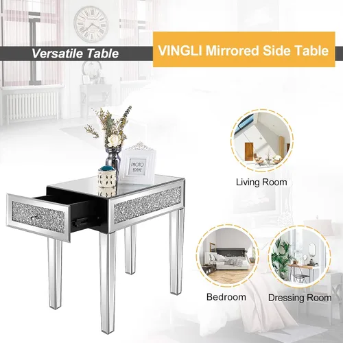Miniatura 7 de VINGLI Mesa auxiliar estrecha con espejo, pequeña mesa auxiliar para sofá/sofá/cama con almacenamiento, mesita de noche de cristal delgada