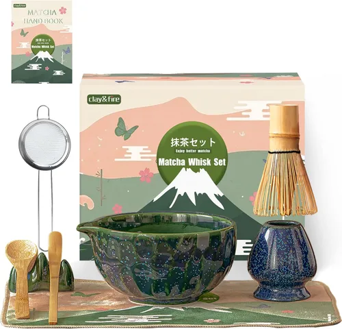 Miniatura 15 de Clay&Fire Juego de batidor de matcha, juego de matcha de cerámica, cuenco de matcha con asa y batidor, juego de té matcha de 9 piezas para amantes