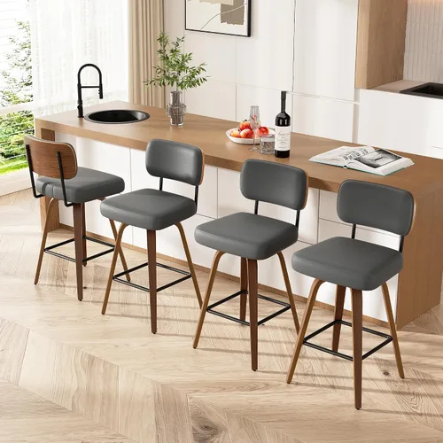 Miniatura 53 de Juego de 1 taburete de bar giratorio, taburetes de bar tapizados de 26" de altura para encimera con respaldo de nogal y patas de madera curvada