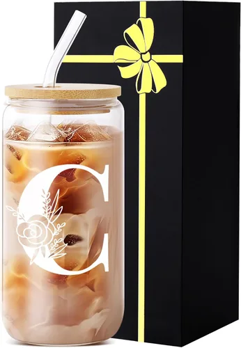 Miniatura 7 de Vaso de vidrio con monograma con tapa, pajita, idea de regalo de moda para amantes del café para mujeres y adolescentes, regalo personalizado