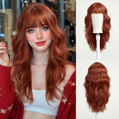 Miniatura 24 de Esmee Pelucas largas onduladas de color rubio ceniza para mujer con flecos, peluca de cabello sintético natural para uso diario y de fiesta