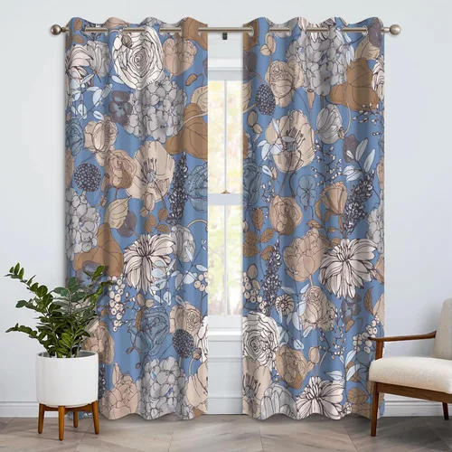 Cortinas opacas florales bohemias azules para dormitorio, cortinas opacas botánicas de mediados de siglo de 63 pulgadas de largo, 2 paneles de