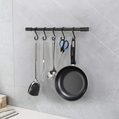 Miniatura 2 de MIAOHUI Riel de cocina con ganchos, ganchos para sartenes y ollas para montaje en pared de cocina, estante de utensilios de cocina con gancho en S