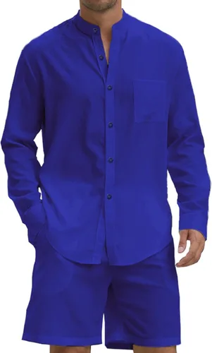 RPOVIG Conjuntos de lino para hombre, conjuntos de verano de 2 piezas, ropa de vacaciones en la playa, camisas casuales de manga larga, pantalones