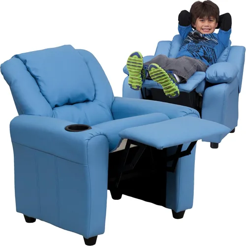 Miniatura 6 de EMMA + OLIVER Reclinable infantil de vinilo azul claro con portavasos y reposacabezas