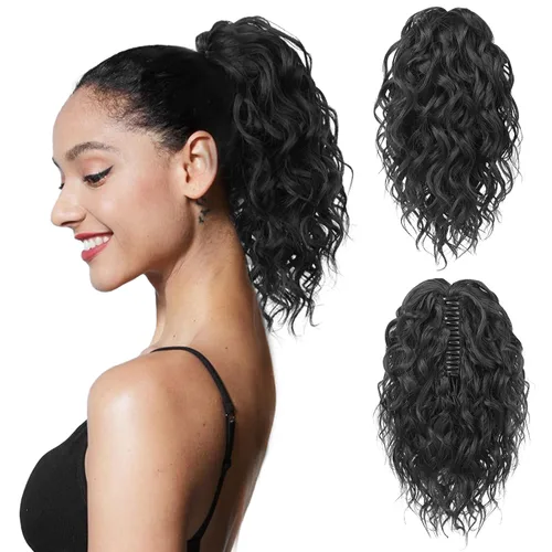 Miniatura 24 de Flufymooz Extensión de cola de caballo, extensión de cola de caballo corta de 12 pulgadas con pinza de garra, cabello ondulado rizado, clip
