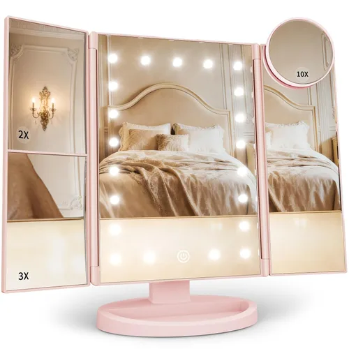 Miniatura 10 de HUONUL Espejo de Maquillaje de Tocador con Luces, Aumento 2X 3X 10X, Control Táctil, Espejo Tríptico, Fuente de Alimentación Doble, Regalos