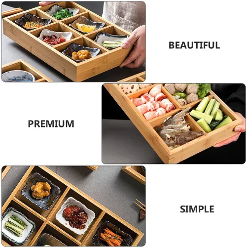 Miniatura 7 de Cabilock Plato de bambú para ollas calientes con 6 compartimentos, bandeja dividida para verduras, frutas, servir cocina, comedor, 12.00 x 8.26 x