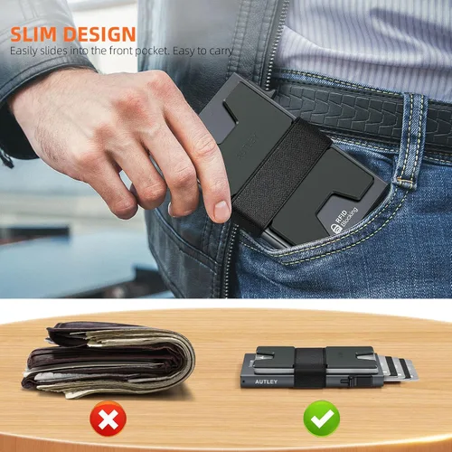 Miniatura 17 de AUTLEY Portatarjetas delgado, billetera minimalista desplegable para hombres, con bloqueo RFID y banda para efectivo (negro)