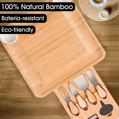 Miniatura 2 de DUNCHATY Juego de tablas de queso de bambú, tabla de charcutería con cajón deslizante, cubiertos y accesorios, rústico, marrón, rectangular, apto