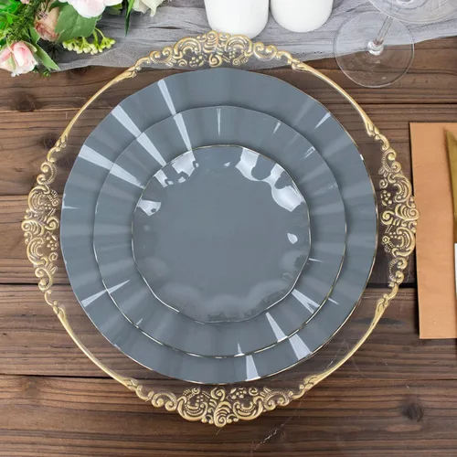 Miniatura 147 de Tableclothsfactory Paquete de 10 platos redondos de plástico negro de 6 pulgadas para ensalada de postre, platos desechables con borde ondulado