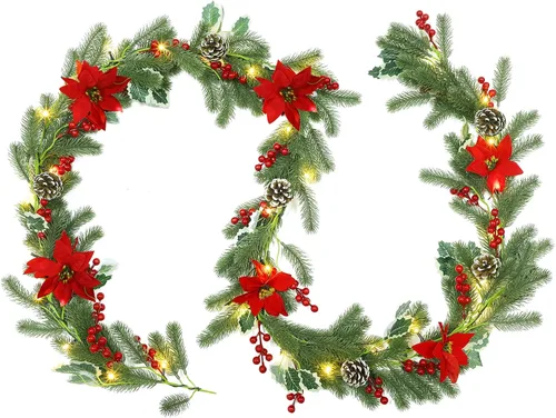 ATDAWN Guirnalda de Navidad de 9 pies con luces, guirnalda de Navidad operada por batería, guirnalda con baya roja, piña y flor de pascua para