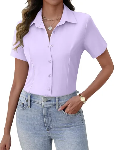 Miniatura 10 de Zeagoo Camisas de vestir de manga corta con botones para mujer, blusas básicas de trabajo con cuello de negocios