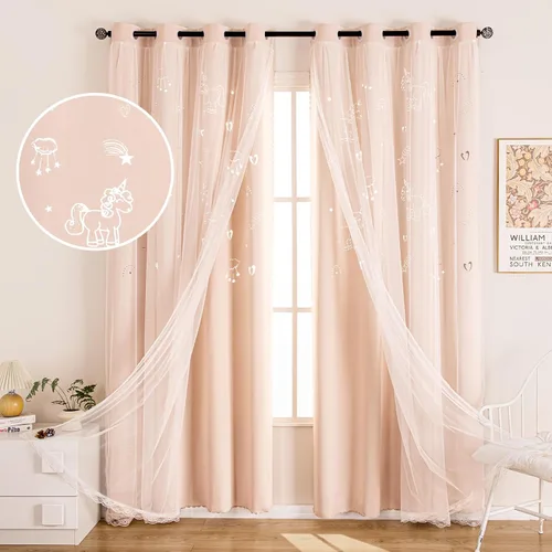 Miniatura 11 de UNISTAR - 2 paneles de cortinas opacas y transparentes con estrellas para dormitorio de niñas, niños, habitación de bebé, cortinas de doble capa