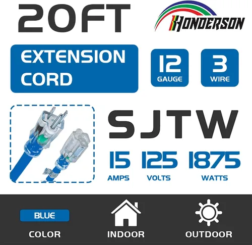Miniatura 2 de Cable de extensión para interiores y exteriores, resistente a la intemperie con extremo iluminado, certificación UL, calibre 12, 20 pies, color Azul
