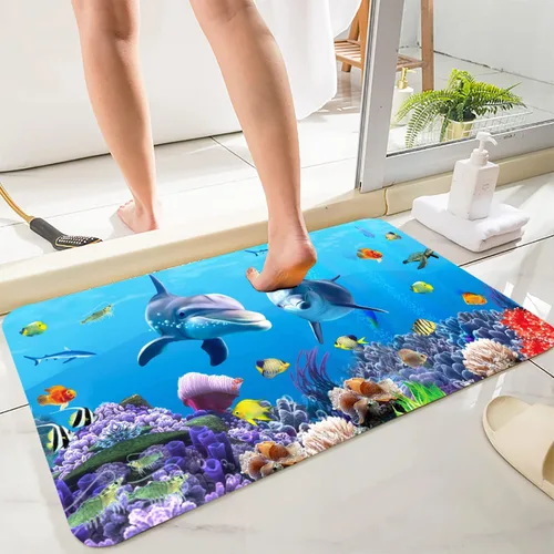 LYFANS Alfombras absorbentes y antideslizantes para uso en cocina y baño, alfombrillas modernas de arte azul con delfín en 3D (61x41 cm), y