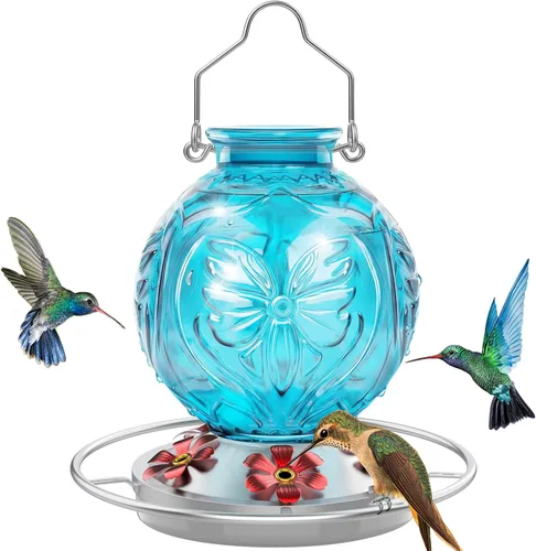 Miniatura 10 de Comedero de vidrio para colibríes para colgar al aire libre, comedero de néctar de colibrí de 25 onzas con perca y 5 puertos de alimentación