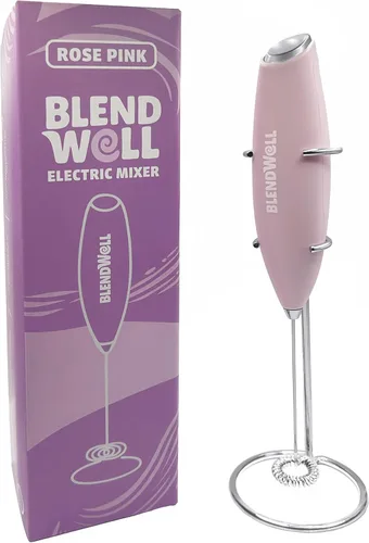 Miniatura 2 de BlendWell Espumador de leche eléctrico para matcha y café, mezclador de bebidas de mano con batería, con soporte, batidor de acero inoxidable, rosa