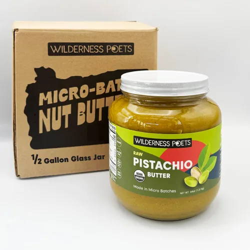 Wilderness Poets, Mantequilla de pistacho - Orgánica, cruda, 100% pistacho (64 onzas - 4 libras) - Tarro de vidrio de medio galón - Perfecto para