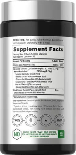Miniatura 2 de Horbäach Suplemento de curcumina de cúrcuma 2250 mg 180 cápsulas con pimienta negra y cereza agria Sin OMG y sin gluten