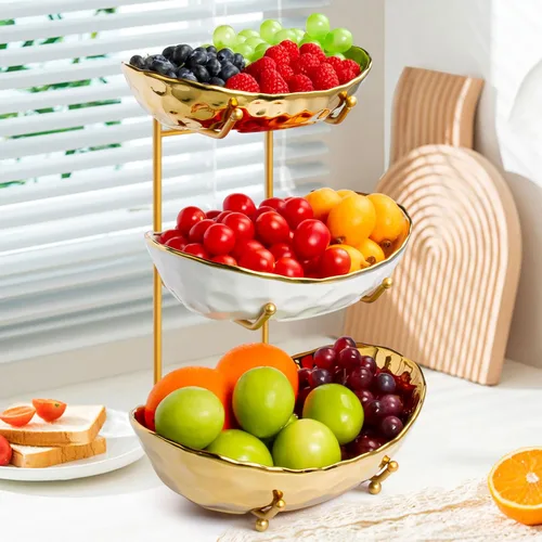 LIJINGCHEN Cesta de frutas de 3 niveles para encimera de cocina, cuenco de frutas de cerámica moderno con soporte de metal dorado, bandeja de frutas