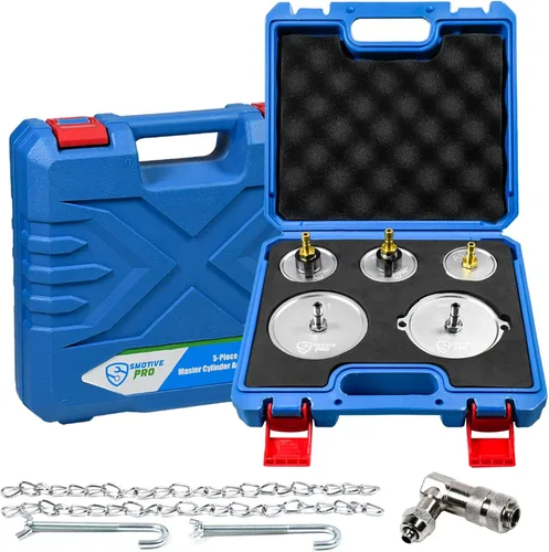 SMOTIVEPRO Juego de adaptadores de cilindro maestro de 5 piezas, adaptador de purga de frenos profesional compatible con la mayoría de los kits de