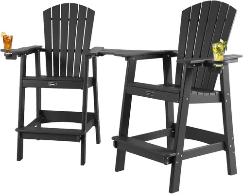 FUNBERRY Juego de 2 sillas altas Adirondack con mesa de conexión extraíble, silla de balcón alta para todo tipo de clima con portavasos