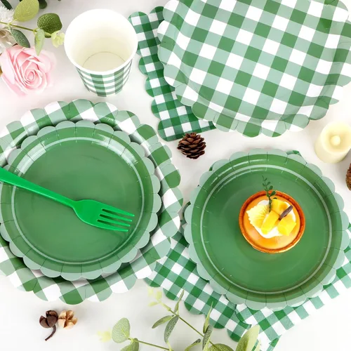 Miniatura 3 de Suministros de fiesta de cuadros verdes, incluyen platos de papel festoneado desechables de 9 y 7 pulgadas, servilletas, vasos, tenedores, manteles