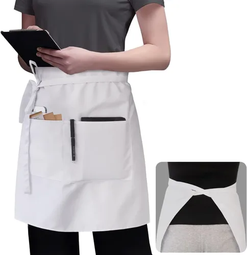 Miniatura 8 de ROTANET Delantal negro con 3 bolsillos de 18 pulgadas de largo para camarera bistró delantales de media cintura para mujeres y hombres impermeables