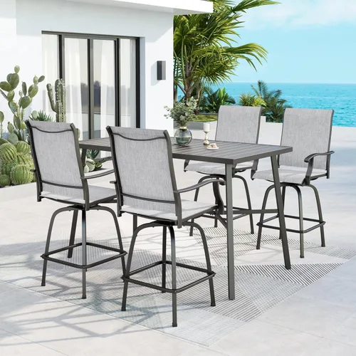MFSTUDIO Juego de 5 sillas y mesa de bar para patio, 1 mesa de bar alta con listones de metal y 4 taburetes giratorios para exteriores, gris claro