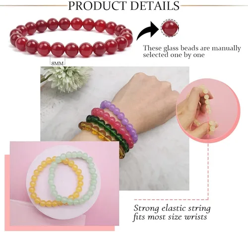 Miniatura 3 de SAMOCO 24 pulseras elásticas de cuentas de 0.315in, hechas a mano, redondas, de cristal, para mujer, multicolor, mate, pulsera elástica