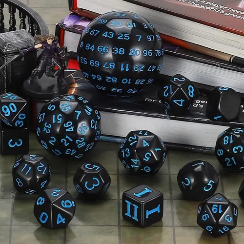 Miniatura 3 de CiaraQ DND - Juego de dados poliédricos (15 piezas) D4-D100 con bolsa de dados para juegos de mesa de rol de Calabozos y Dragones (negro y azul)