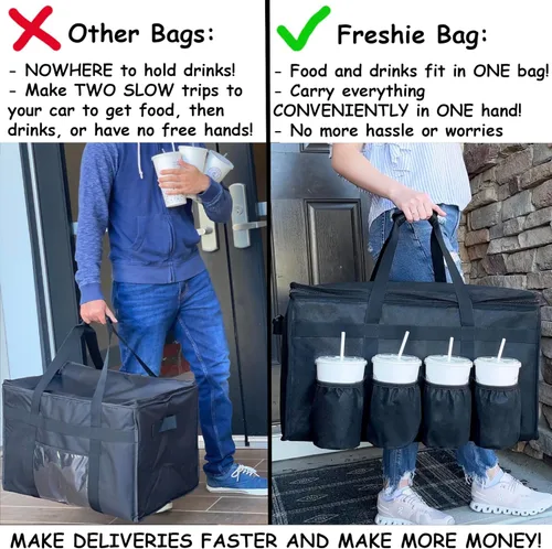 Miniatura 2 de FRESHIE Bolsa térmica para entrega de alimentos con portavasos/bebidas Premium, para Doordash, Uber Eats, Grubhub, bolsa de pizza, catering